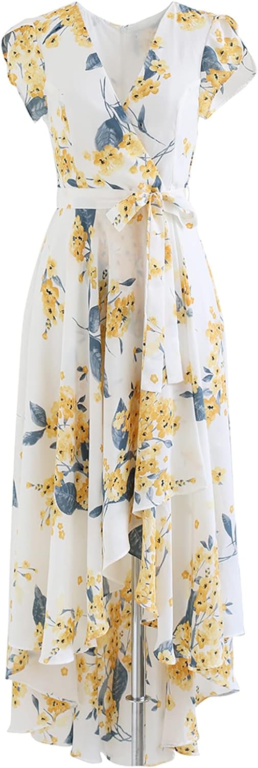 CHICWISH Women' Yellow Floral Wrap Asymmetric Sleeveless Dress