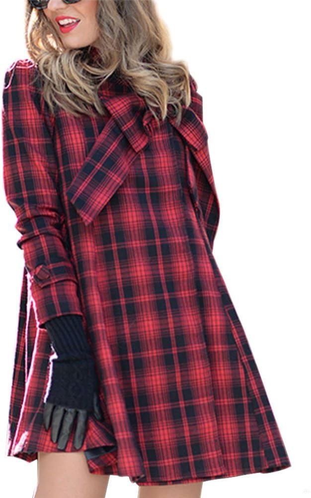 CHICWISH Women' Comfy Casual Warm Big Bow Green/Red Tartan Check Dolly Dress Coat