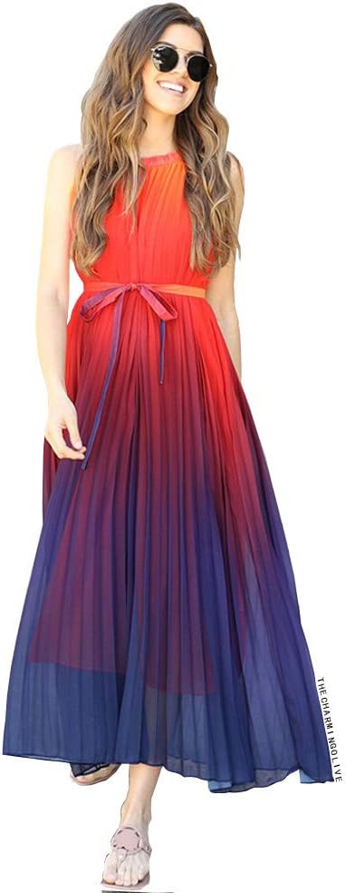 CHICWISH Women' Splendor of The Sunset Orange Violet Halter Neck Gradient Pleated Maxi Slip Chiffon Dress