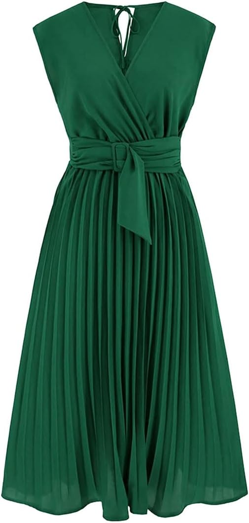 CHICWISH Women' Orange/Green/Black Sash Adorned Pleated Wrap Sleeveless Dress