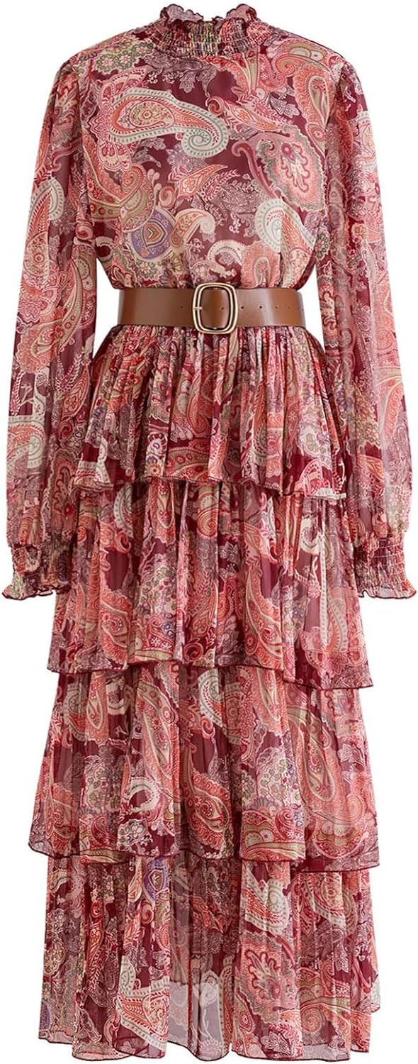 CHICWISH Women' Red/Pink/Yellow Paisley Printed Ruffle Shirred Mock Neck Long Sleeve Belted Layered Tiered Chiffon Dress