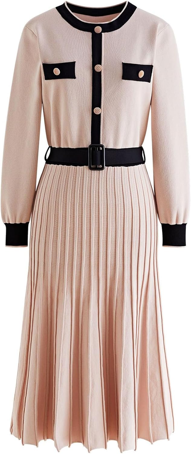 CHICWISH Women' Nude Pink Long-Sleeve Belted Contrast Color Pleated Buttoned Knit Dress