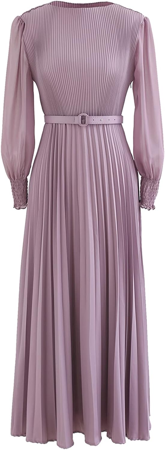 CHICWISH Women' Lilac/Yellow/Dark Green/Tan Full Pleated Belted Maxi Dress