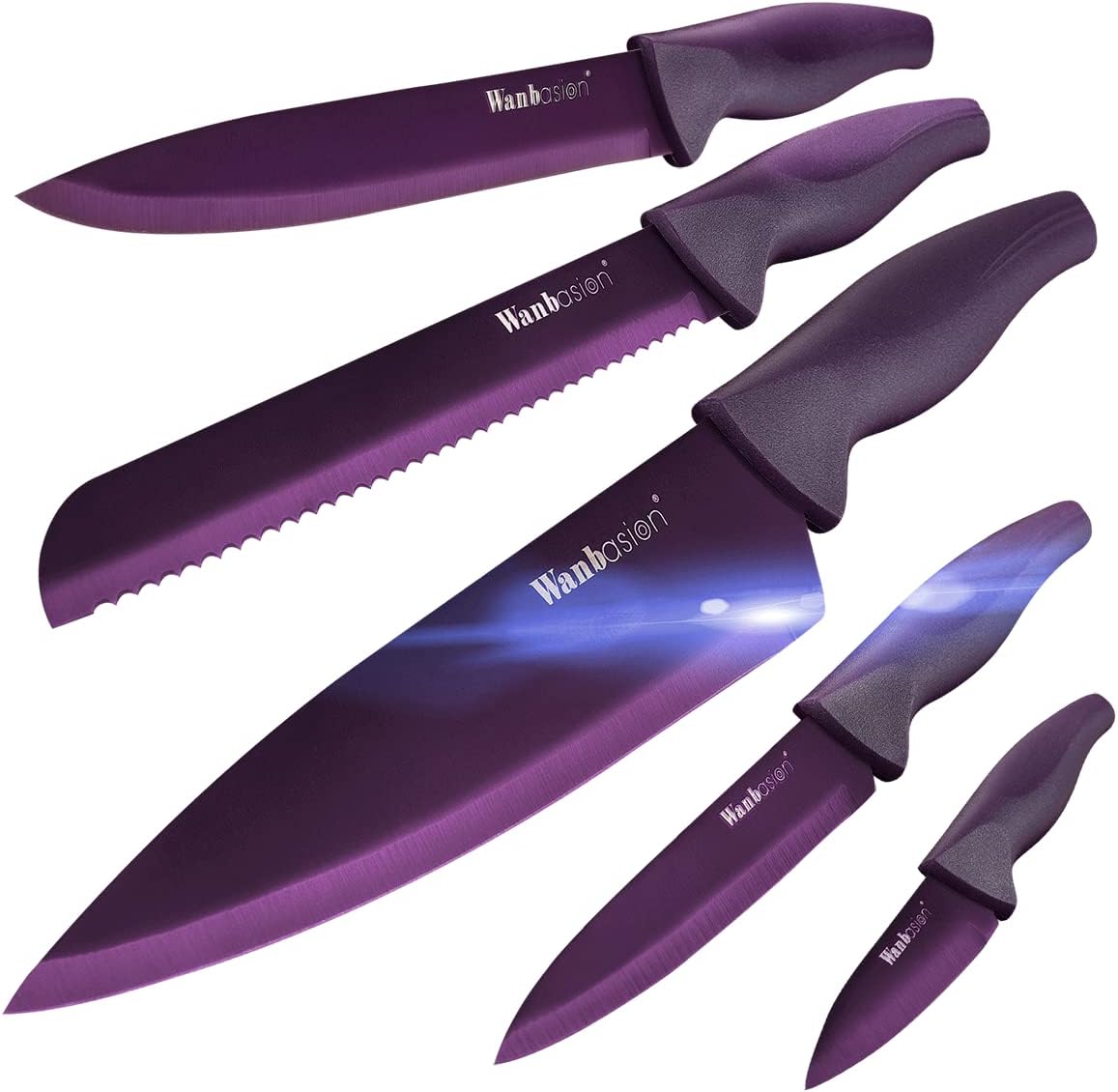 Wanbasion Purple 5 Piece Knife Set for Kitchen Professional, Stainless Steel, Kitchen Knife Set Dishwasher Safe with Covers