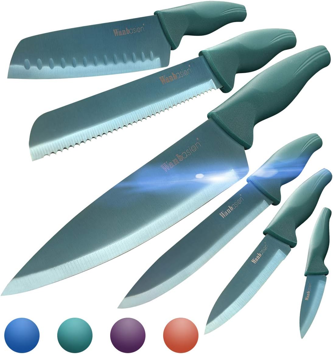 Wanbasion Green Professional Kitchen Knife Chef Set, Kitchen Knife Set Stainless Steel, Kitchen Knife Set Dishwasher Safe with Sheathes