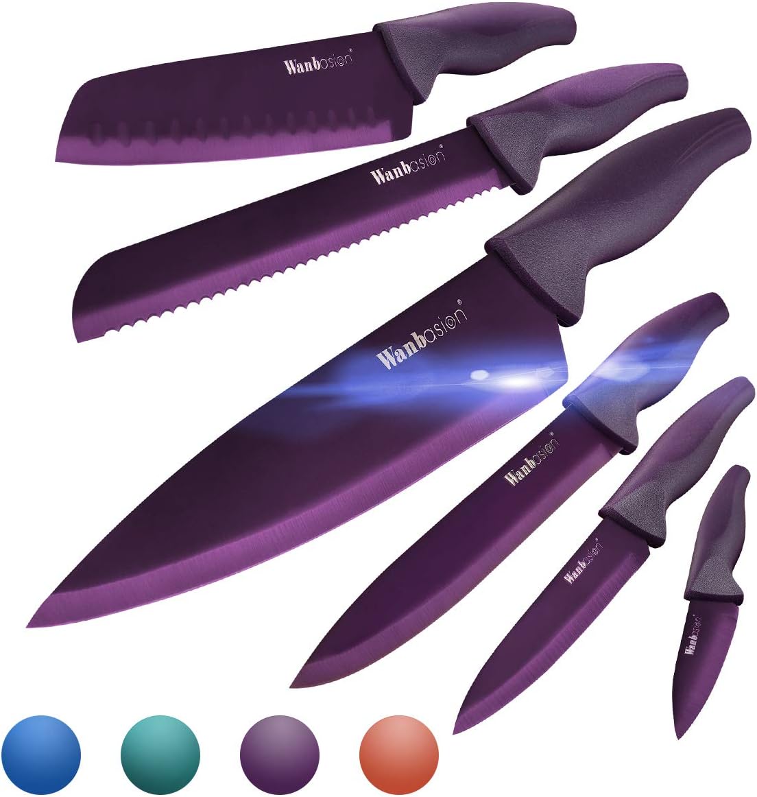 Wanbasion Purple Professional Kitchen Knife Chef Set, Stainless Steel, Dishwasher Safe with Covers