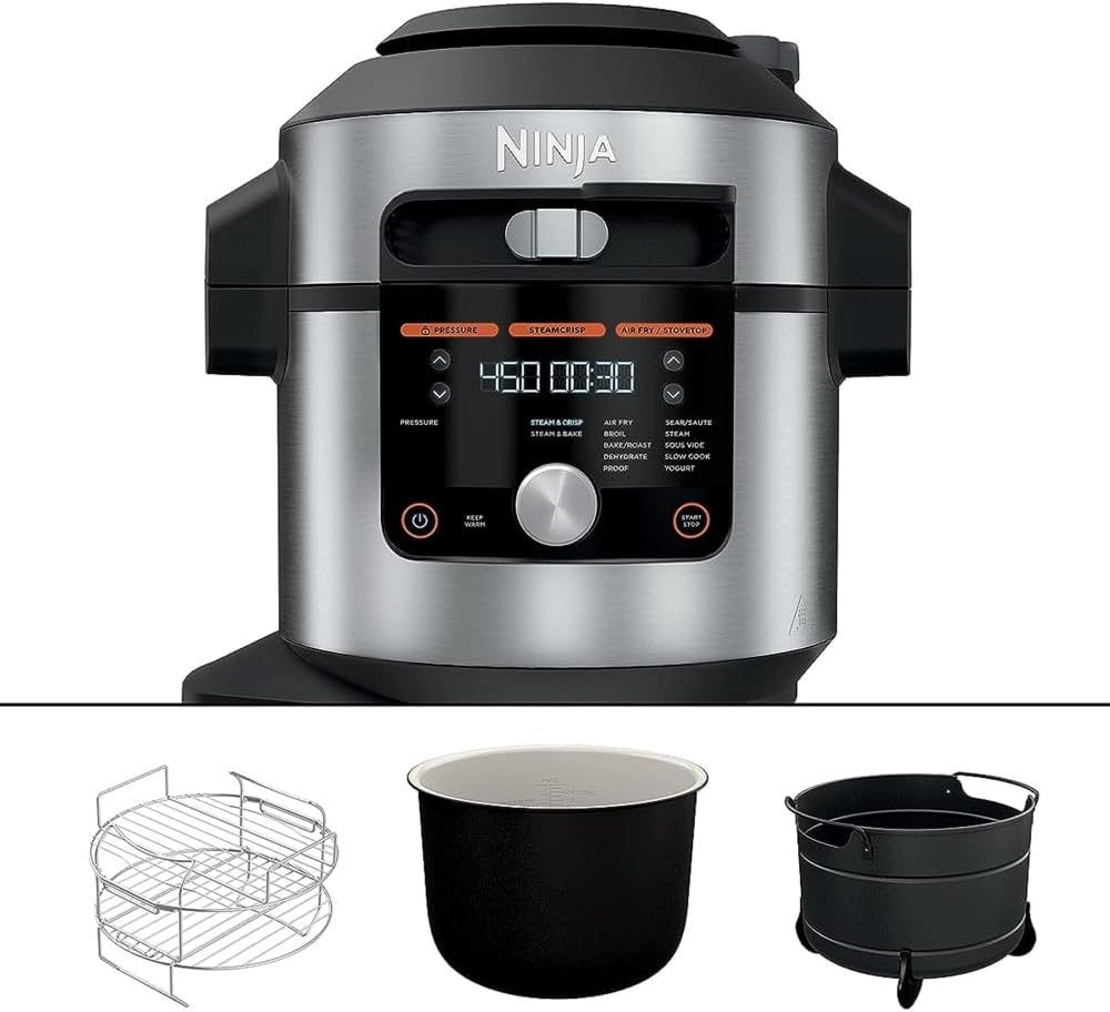 Ninja OL601 Foodi XL 8 Qt. Pressure Cooker Steam Fryer with SmartLid, 14-in-1 that Air Fries, Bakes & More, with 3-Layer Capacity, 5 Qt. Crisp Basket & 45 Recipes, Silver/Black