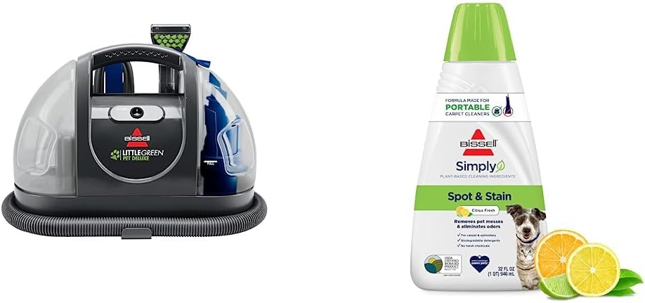 Bundle of Bissell Little Green Pet Deluxe Portable Carpet Cleaner, 3353 + Bissell Simply Spot & Stain Portable Carpet Cleaner Formula, 32 oz, 3368