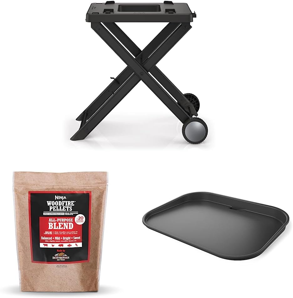 Ninja XSKSTAND Woodfire Collapsible Outdoor Grill Stand, Black & XSKOP2RL Woodfire Pellets & XSKGRDPLT Woodfire, Outdoor Flat Top Griddle Plate, Black/Grey