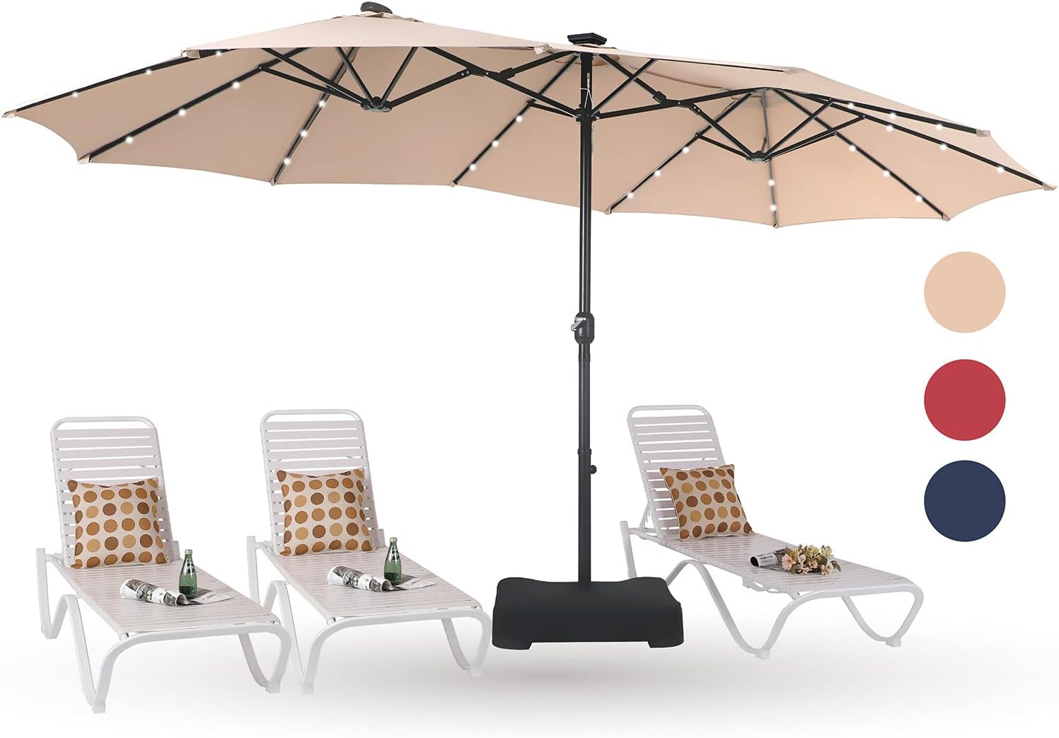 PHI VILLA 15ft Large Patio Umbrella with Solar Lights, Double-Sided Outdoor Market Rectangle Umbrellas with 36 LED Lights, Base (Stand) Included, Beige