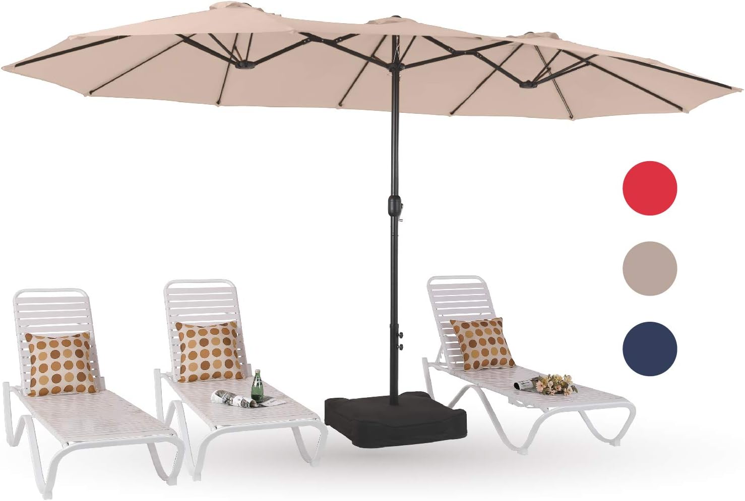 PHI VILLA 15ft Large Patio Umbrellas with Base Included, Outdoor Double-Sided Rectangle Market Umbrella with Crank Handle, for Poolside Lawn Garden, Beige