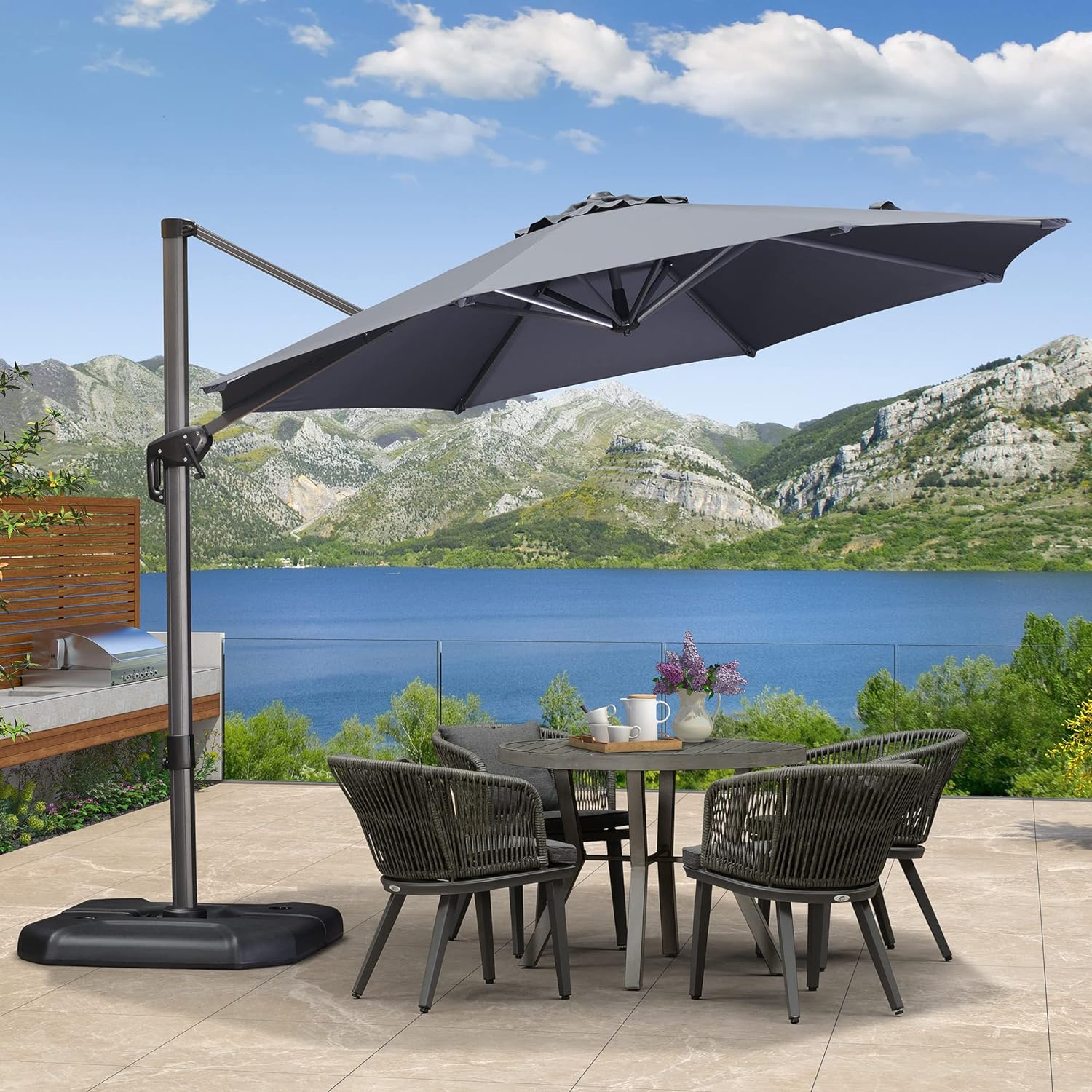 PURPLE LEAF 10 Feet Patio Umbrella Outdoor Cantilever Round Umbrella Aluminum Offset Umbrella with 360-degree Rotation for Garden Deck Pool Patio, Grey