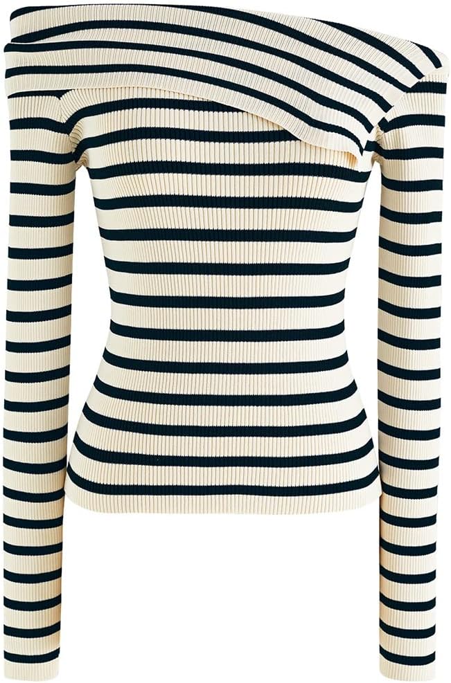 CHICWISH Women' Stripe/Black/Navy/Pink Folded Off-Shoulder Short-Sleeve/Long-Sleeve Knit Top