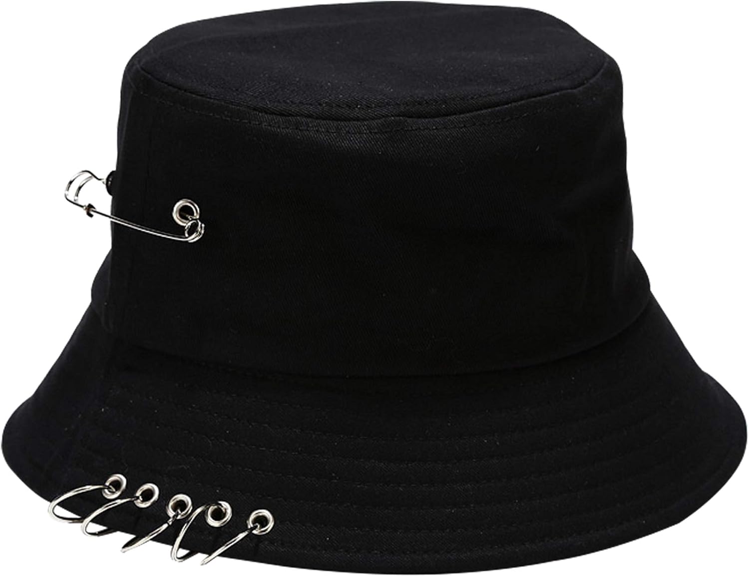 Five Ring &Safety Pin Decor Cotton Bucket Hat Packable Beach Sun Hat for Womens Men