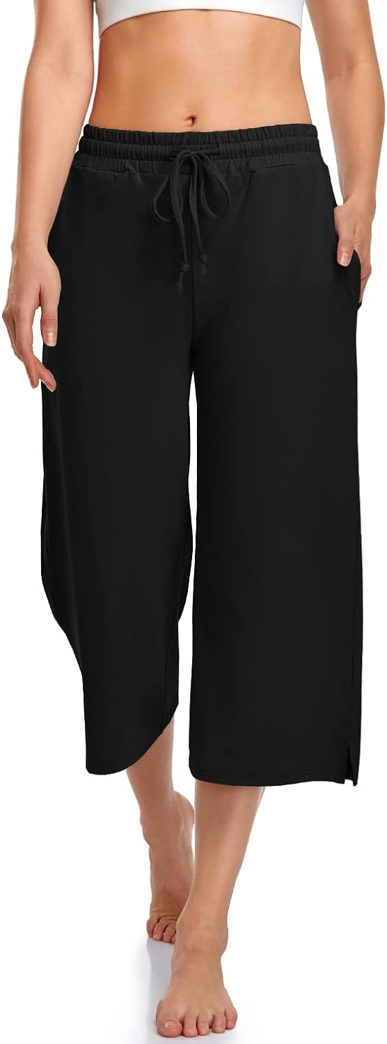 UEU Womens Capri Yoga Pants Wide Leg Drawstring Loose Comfy Lounge Pajama Capris Sweatpants with Pockets