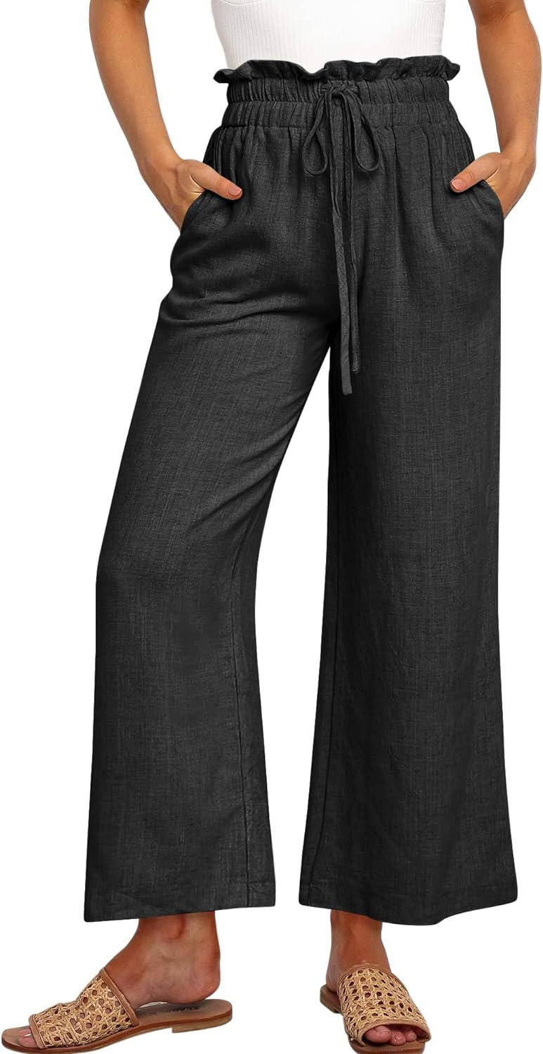 UEU Women' Linen Pants Summer Wide Leg Casual Loose High Waist Drawstring Capri Palazzo Pants Trousers with Pockets
