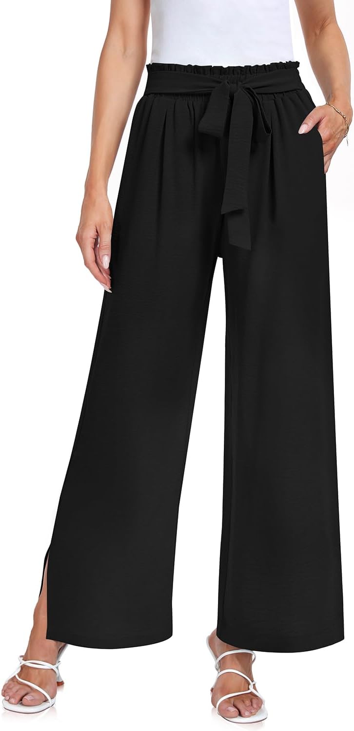 UEU Women' Wide Leg Casual Pants High Waisted Adjustable Tie Knot Business Work Trousers with Pockets
