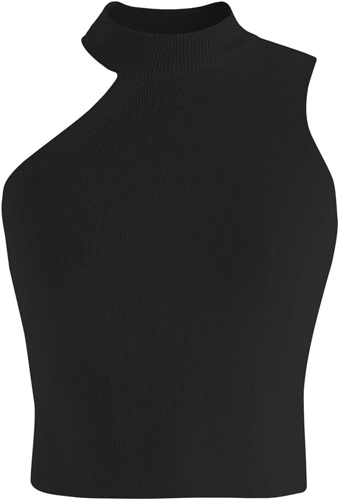 CHICWISH Women' Black/White/Pink Asymmetric Halter Neck Knit Crop Top