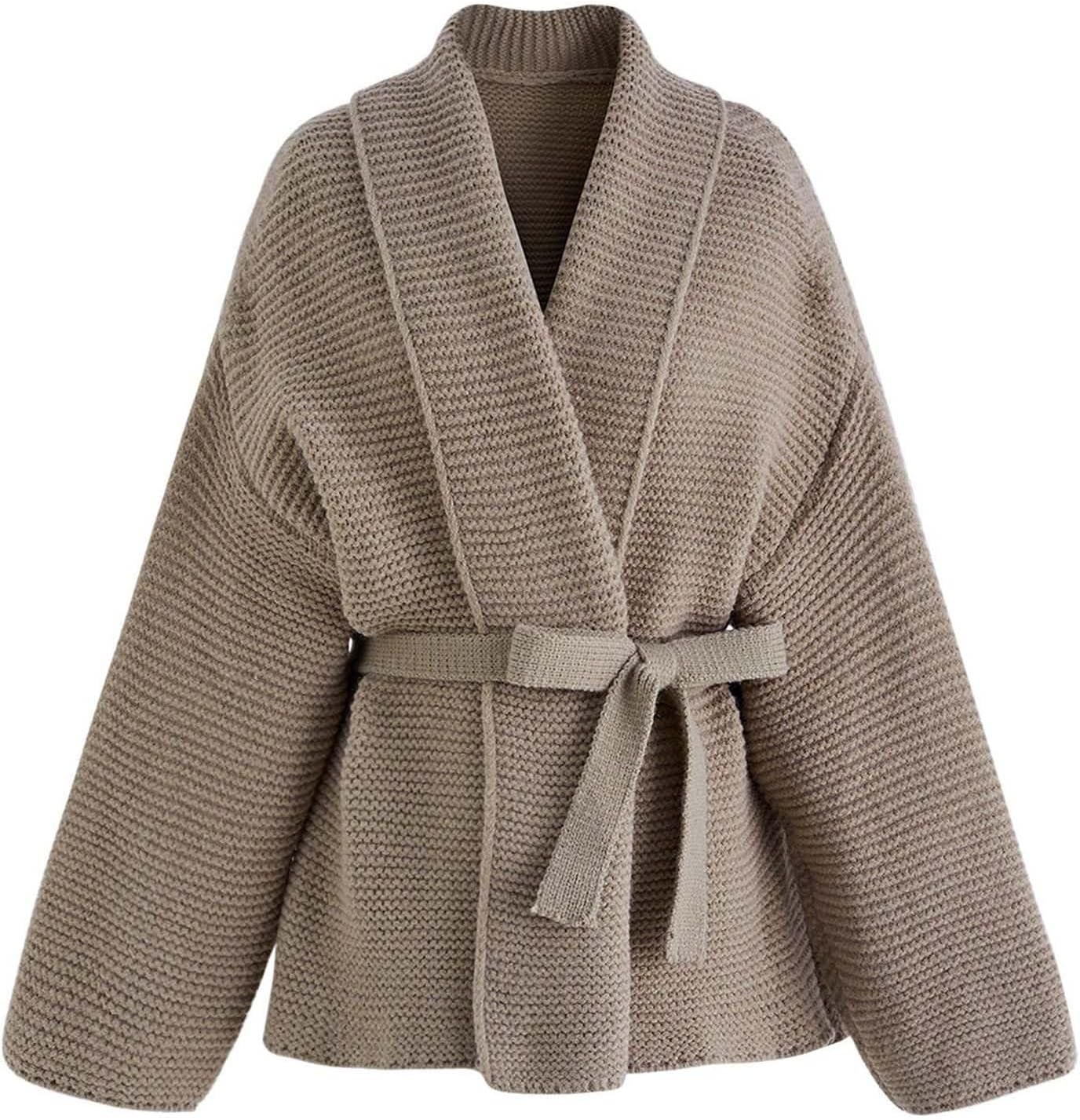 CHICWISH Women' Ivory/Grey/Black/Light Tan Collared Self-Tie Wrap Waffle Knit Cardigan