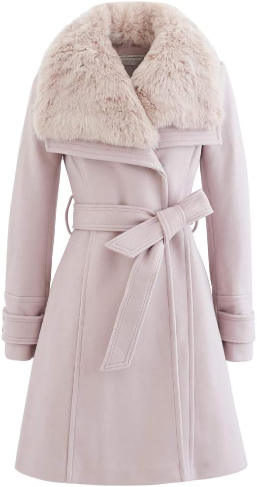 CHICWISH Women' Pink Faux Fur Wide Lapel Turn Down Shawl Collar Open Front Long Sleeve Wool Blend Coat