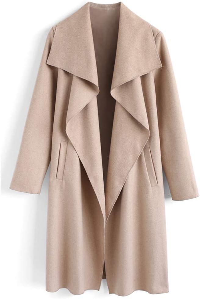 CHICWISH Women' Wide Lapel Open Front Long Sleeve Sand/Wine/Black/Grey Wool Blend Trench Coat