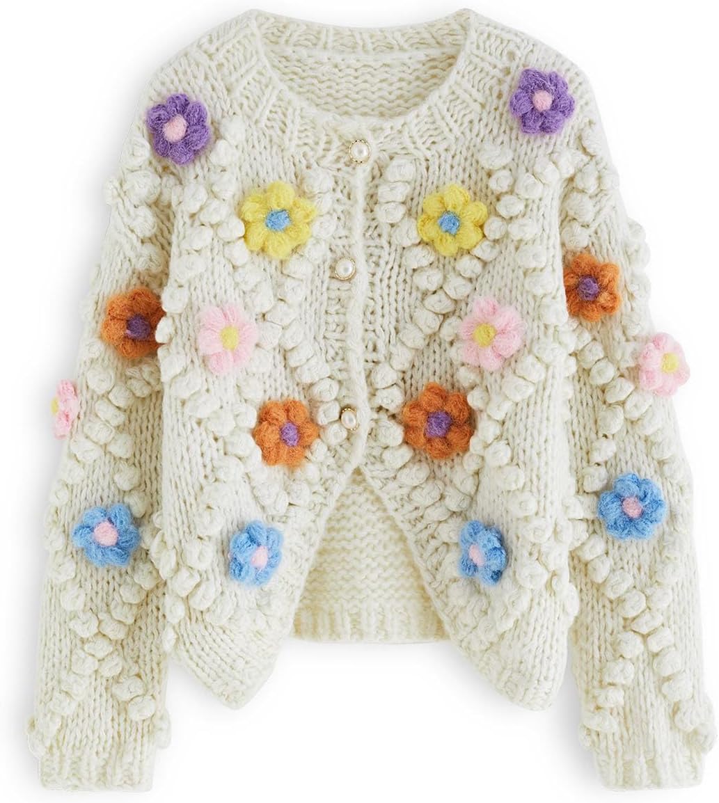 CHICWISH Women' Cream Button Up Floral Pom-Pom Knit Cardigan