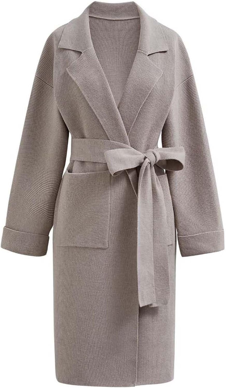 CHICWISH Women' Open Front Cardigan Long Sleeve Notch Lapel Belted Longline Coatigan Ribbed Knit Coat With Pockets