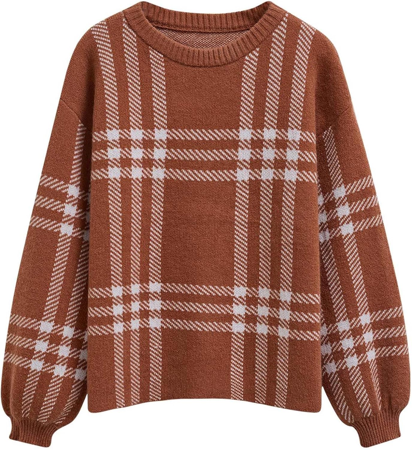 CHICWISH 2023 Fall Winter Women' Caramel Classic Plaid Round Neck Oversized Sweaters Long Sleeve Casual Knit Pullover Tops