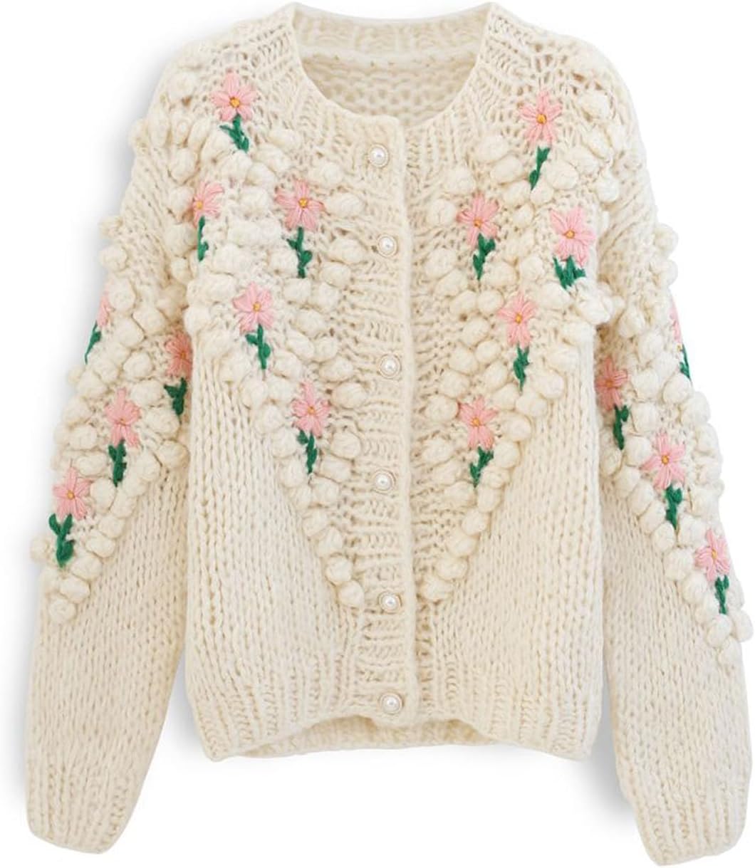 CHICWISH Women' Purple/Cream Stitch Floral Diamond Pom-Pom Hand Knit Cardigan