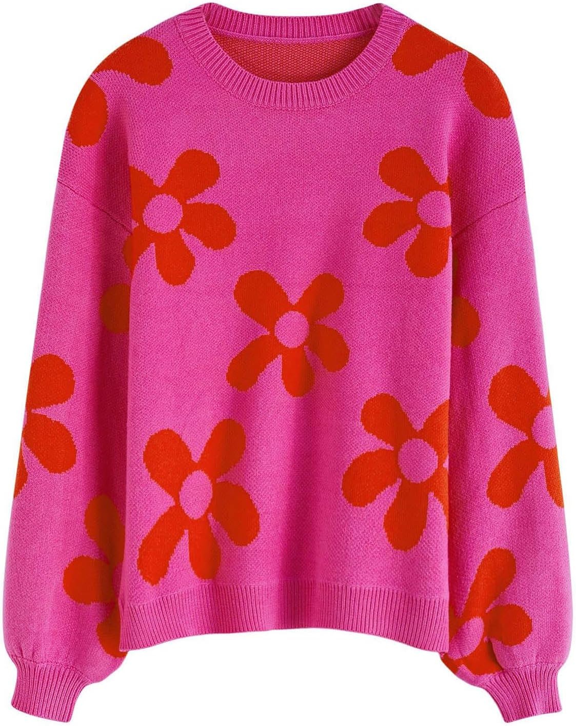 CHICWISH Women' Hot Pink/Nude Pink/Lilac/Cream Cuteness Flowers Boxy Round Neck Long Sleeves Knit SweaterKnit Sweater