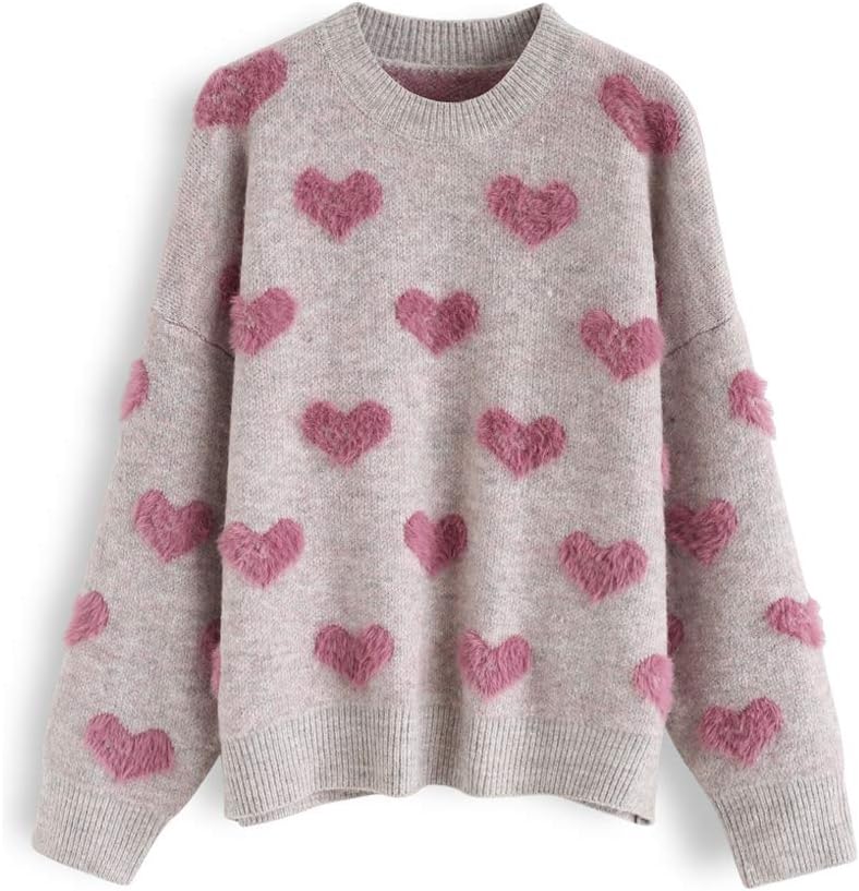 CHICWISH Women' Comfy Casual Pink Fuzzy Hearts Knit Sweater Pullover Sweatershirt