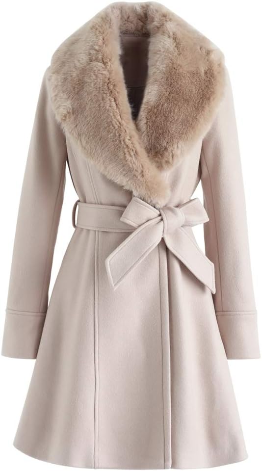 CHICWISH Women' Taupe/Nude Pink/Black Faux Fur Wide Lapel Turn Down Shawl Collar Belted Flare Wool Blend Coat