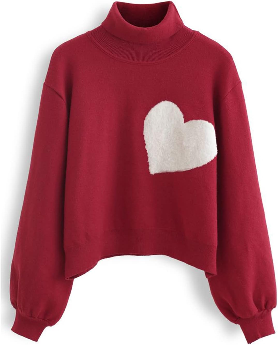 CHICWISH Women' Red Embroidered Heart High Neck Knit Sweater