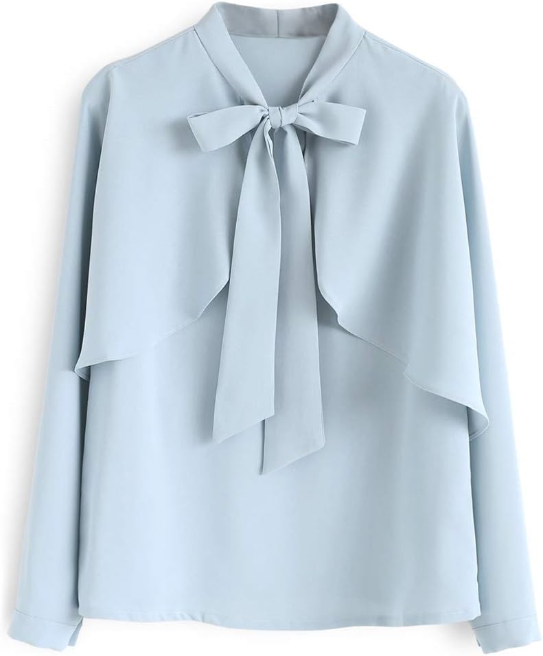 CHICWISH Women' Crush on Casual Blue Bowknot V-Neck Cape Sleeves Chiffon Top