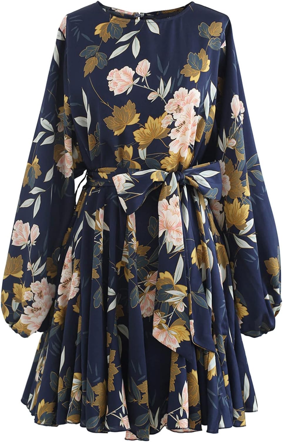 CHICWISH Women' Rose Painting/Navy Floral/Green Floret Bubble Sleeves Frilling Mini Dress