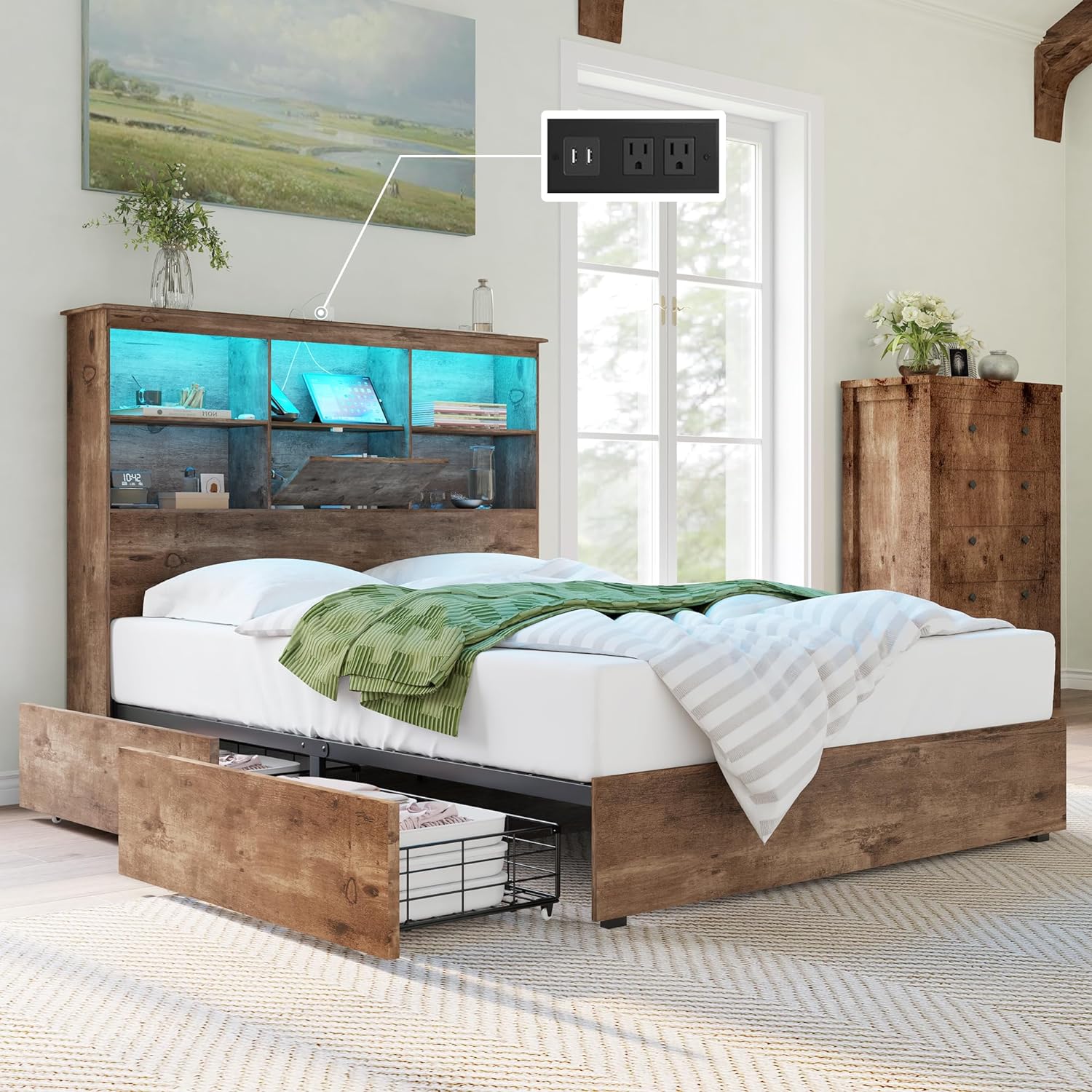 AMERLIFE Queen Size Bed Frame Wooden Platform Bed with 51.2 LED Storage Bookcase Headboard, 4 Storage Drawers & Charging Station/No Box Spring Needed/Noise Free/Rustic Brown