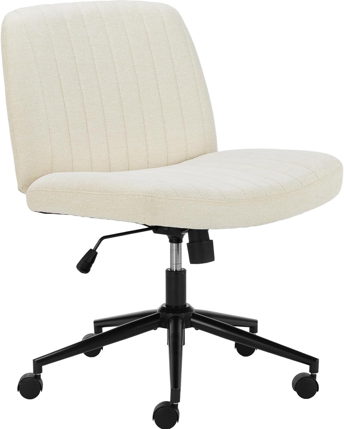 Criss Cross Office Chair with Wheels, Armless Computer Desk Chair, Cross Legged Chair, Modern Fabric Vanity Chair Height Adjustable Wide Seat Swivel Task Chair, Linen Beige