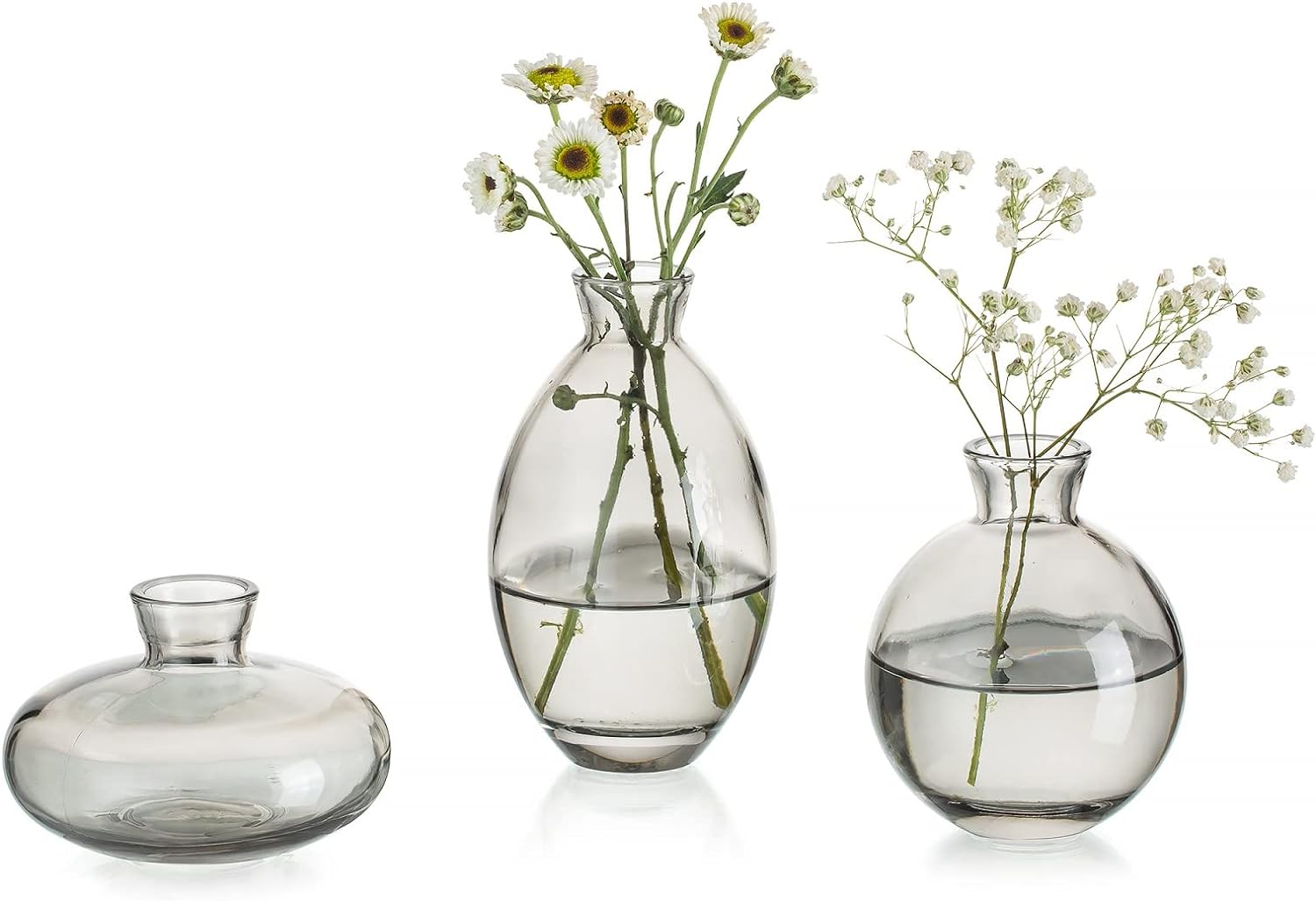 Glasseam Gray Glass Bud Vase, 3Pcs/Set Modern Decorative Small Mini Flowers Vases Short Minimalist Aesthetic Home Decor Vintage Cute Handmade Tiny Wedding Table Centerpieces for Single Flower Rose