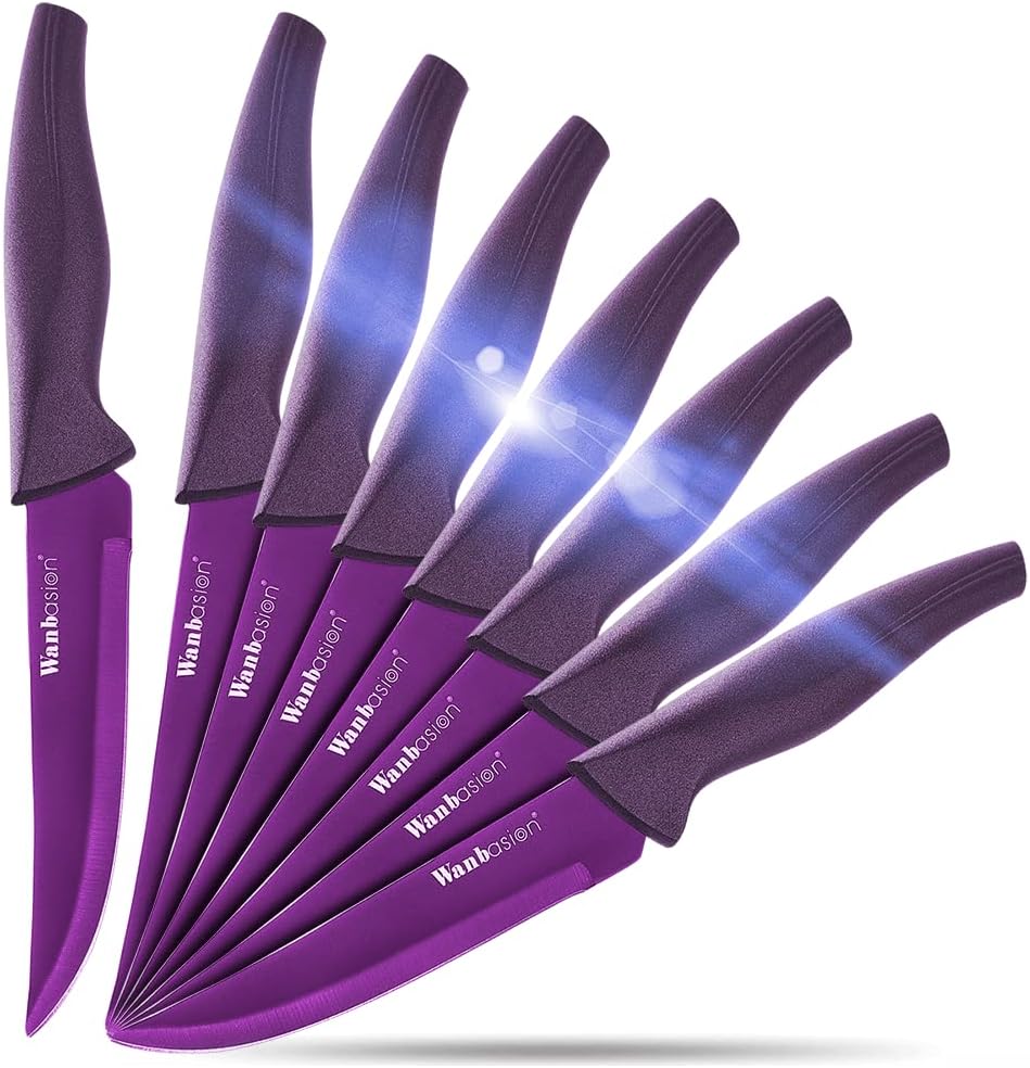 Wanbasion Purple Non Serrated Steak Knives Set, Dishwasher Safe Steak Knives Set, Kitchen Steak Knives Set of 8 with Ergonomic Handles