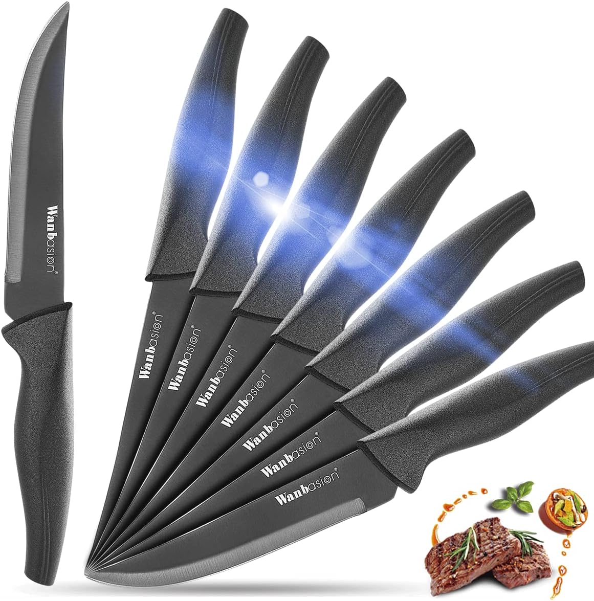 Wanbasion Black Non Serrated Steak Knives Set, Steak Knife Set Dishwasher Safe, Sharp Steak Knives Set for Kitchen with Ergonomic Handles