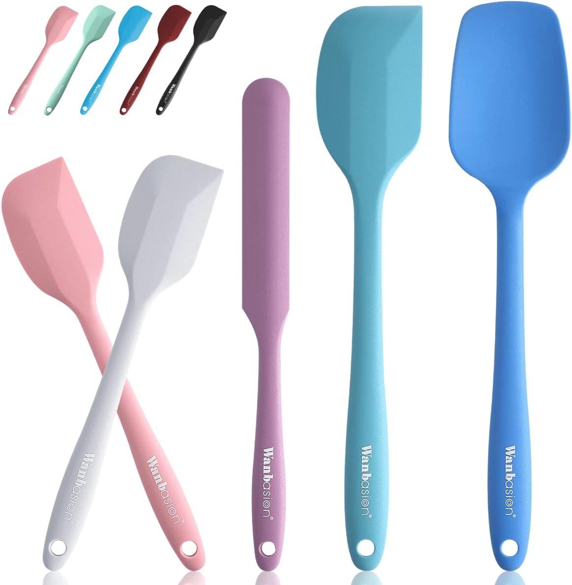 Wanbasion 5 Piece Silicone Spatula Set Heat Resistant, Colorful Rubber Baking Spatula Set, Kitchen Spatula Set Dishwasher Safe for Nonstick Cookware Cooking Mixing