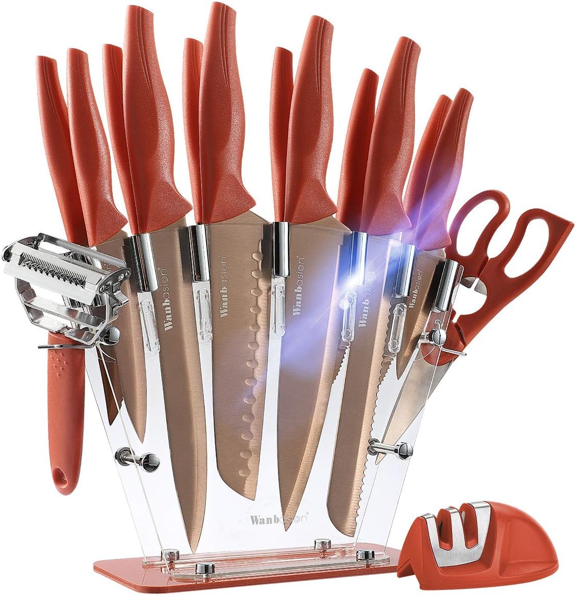 Wanbasion Orange 16 Pieces Dishwasher Safe Professional Chef Kitchen Knife Set, Stainless Steel with Knife Sharpener Peeler Scissors Acrylic Block