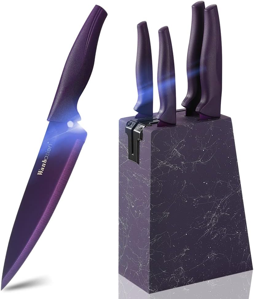 Wanbasion Marbling Purple Kitchen Knife Set Block, Kitchen Knife Set Block Wood, Professional Kitchen Knife Set Block with Knife Sharpener