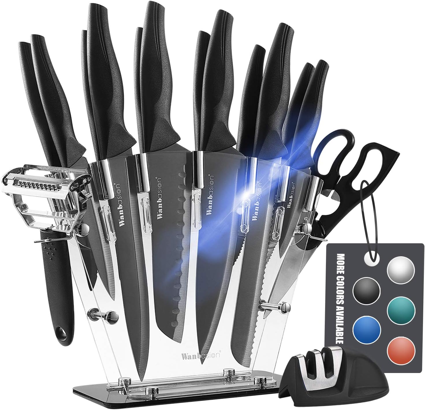 Wanbasion Black 16 Pieces Kitchen Knife Set Dishwasher Safe, Professional Chef Knife, Stainless Steel with Knife Sharpener Peeler Shears Acrylic Block