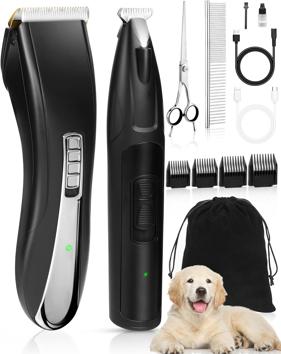 LEYOUFU Dog Clippers Grooming Kit, 2 in 1 Professional Dog Clippers for Thick Heavy Coats, Low Noise Dog Paw Trimmer with LED Light, Cordless Rechargeable Pet Hair Shaver for Small & Large Dogs Cats