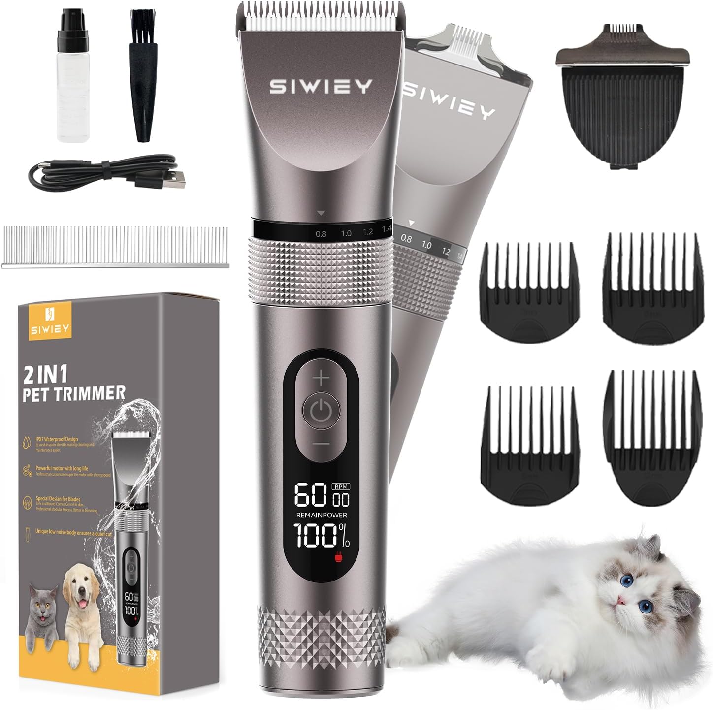 siwiey 2 in 1 Dog Grooming Clippers with Small Trimmer, 3-Speed High Power Quiet Rechargeable Dog Shaver Hair Clippers Kit, USB Cordless Electric for Dog, Cat, Pet