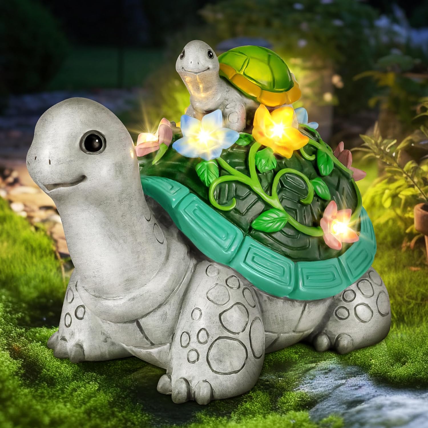 LESES Garden Statues, Turtle Solar Statue Garden Decor Clearance, Cute Turtle Figurines with Baby & 7 LED Solar Lights Lawn Decorations for Patio Yard Gifts for Mom Grandma Housewarming