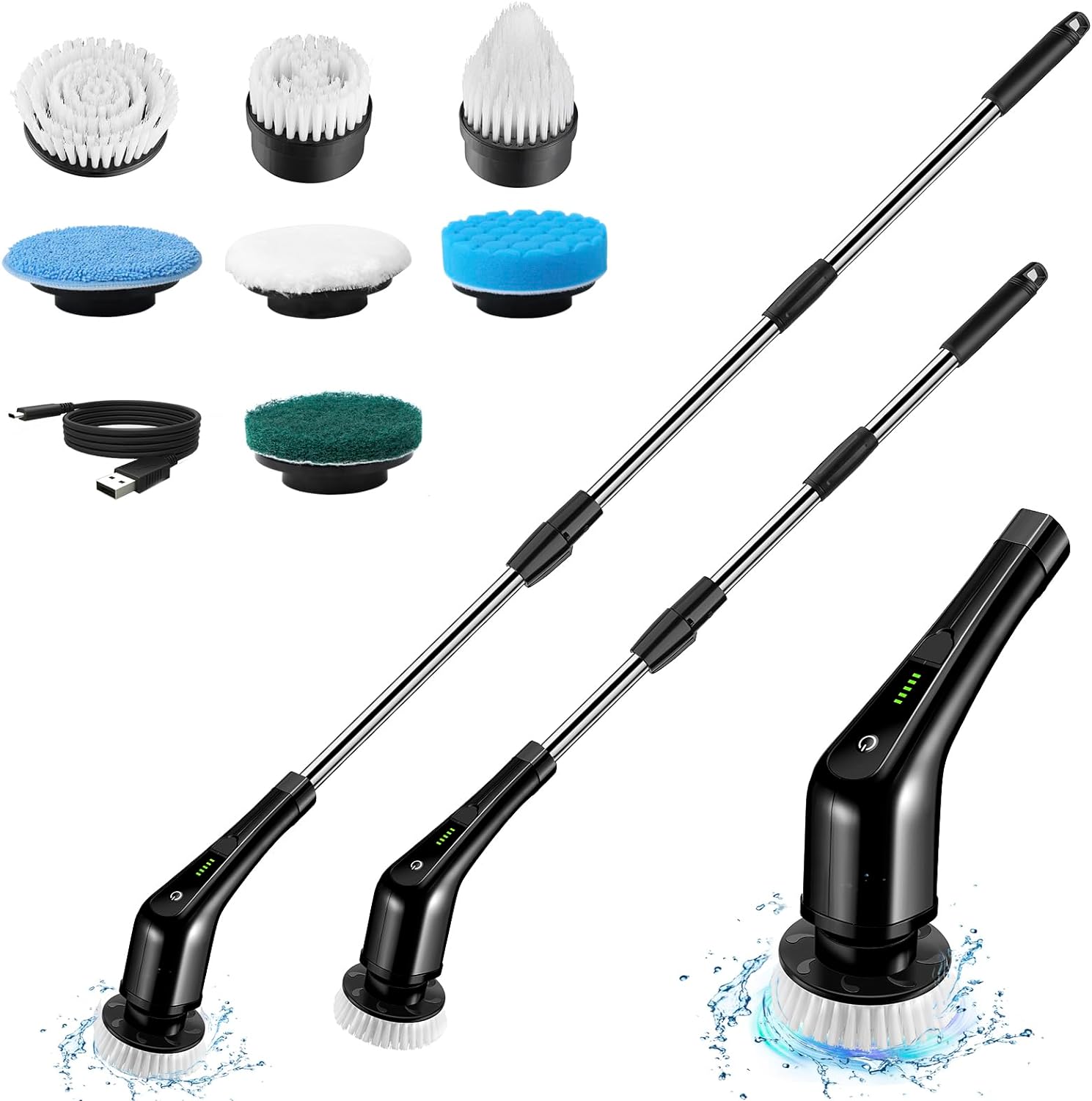 Exfeeko Electric Spin Scrubber, Cordless Bath Tub Power Scrubber with Long Handle & 7 Replaceable Heads, Detachable as Short Handle, Shower Cleaning Brush Household Tools for Tile Floor & Bathroom