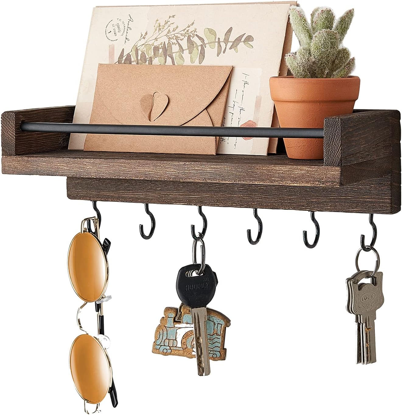 Mkono Key Holder for Wall 9.5 x 3.5 x 2.5 Small Rustic Wood Key Rack with 6 Hooks Decorative Display Keys Hanger Organizer for Entryway Living Room Bedroom Bathroom Office Home Decor