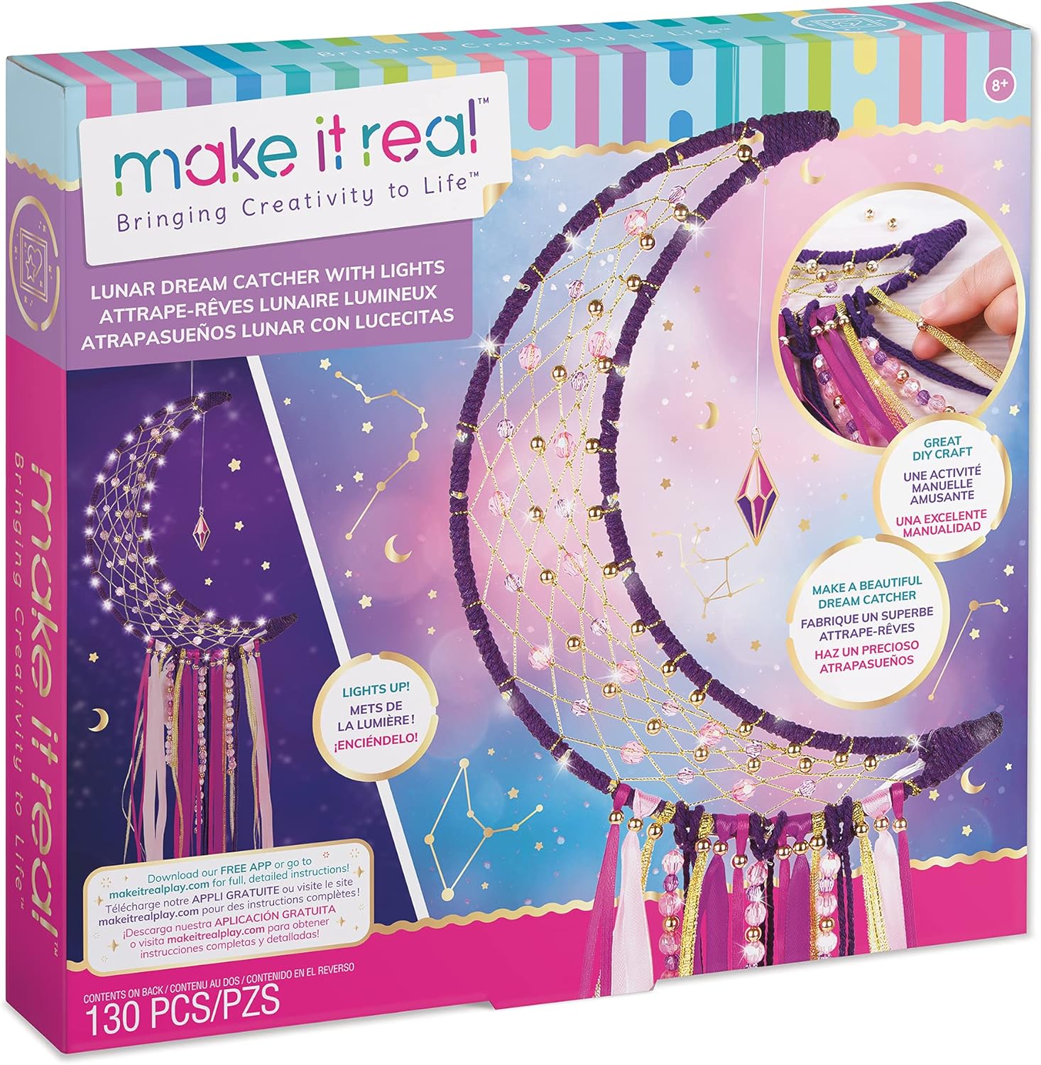 Make It Real Lunar DIY Dream Catcher Kit with Lights and Fairy Lights for Teen Room Wall Decor - Ages 8+